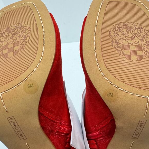 NEW Vince Camuto Amenala Bright Red Faux Suede Western Fringe Peep Toe Bootie - Picture 13 of 14